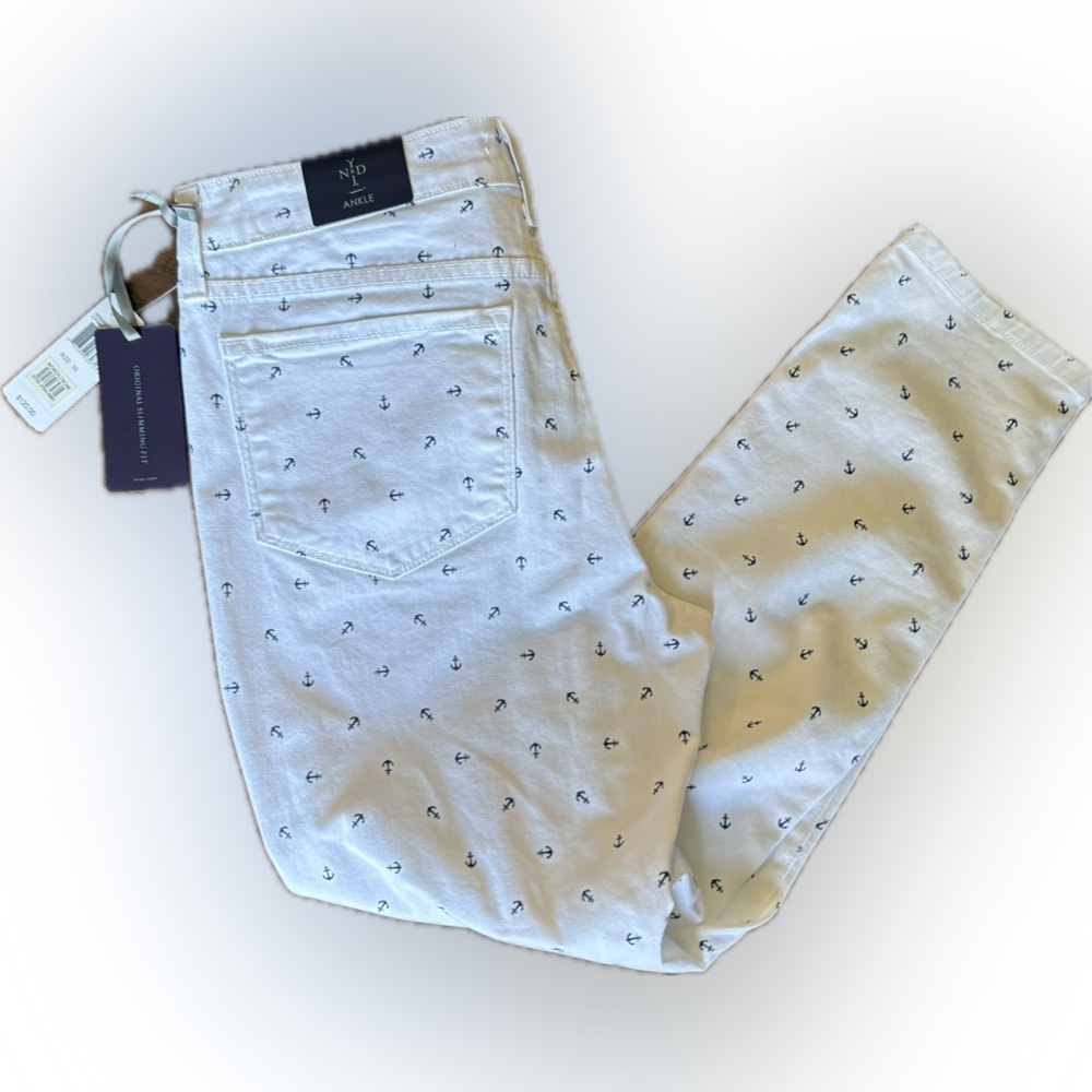 NYDJ Anchor Print White and Blue Slimming Fit Skinny Ankle Jeans Size 10